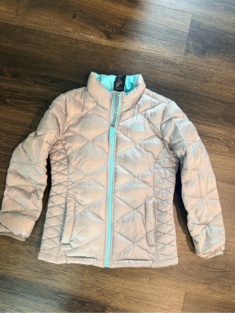 The North Face Girls' Light Pink Packable Quilted Jacket with Aqua Trim